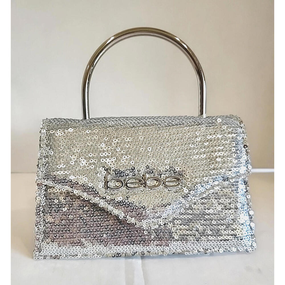 BeBe Silver Sequin Purse ~ Crossbody with removable Chain Strap ~ Formal Bag